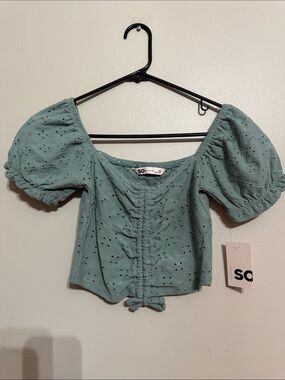 SO Sage Green Eyelet Puff Sleeve Crop Top size XS
